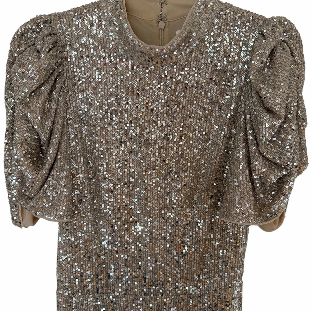 H&M Gold Sequin Midi Dress XS Stretch Puff Sleeve Party Cocktail Glam - Picture 10 of 12
